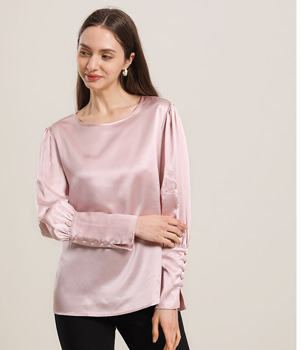 Round Collar 22 Momme Silk Blouse Pink