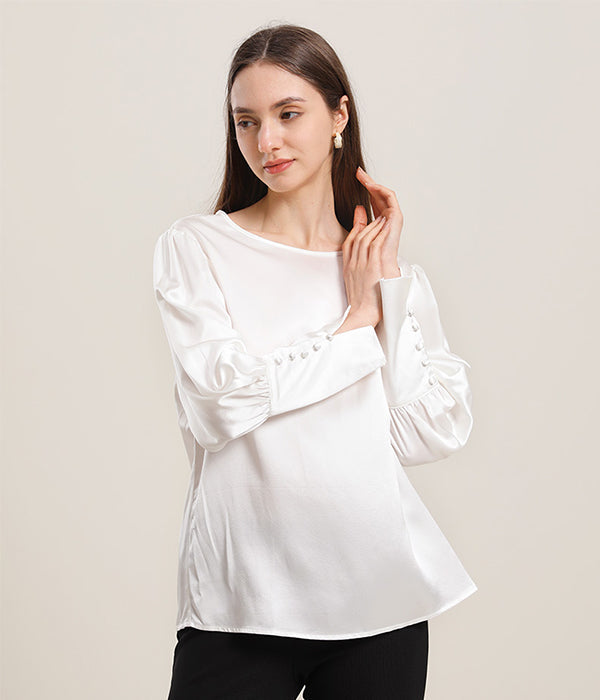 Round Collar 22 Momme Silk Blouse White