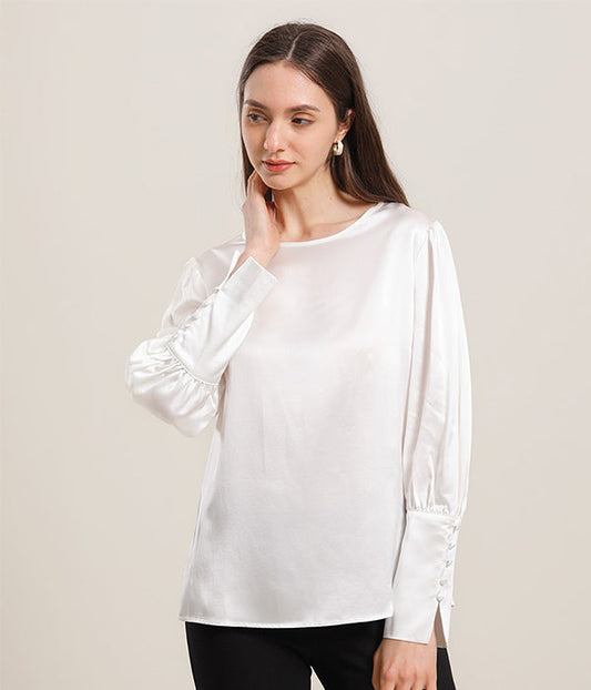 Round Collar 22 Momme Silk Blouse White