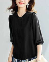 Round Neck 3/4 Sleeve Silk Blouse