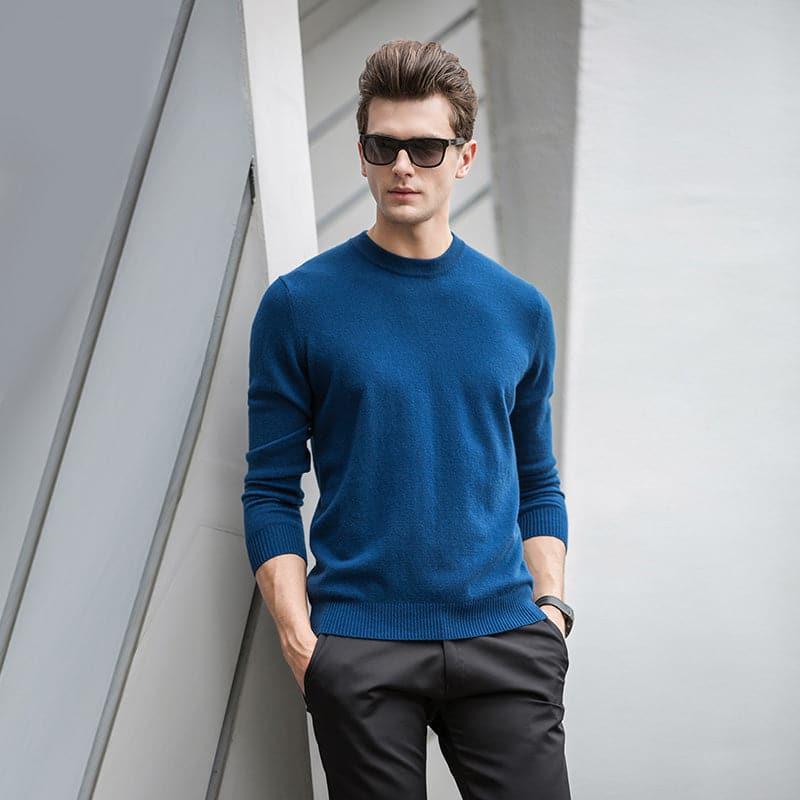 Round Neck Cashmere Sweater for Men Blue