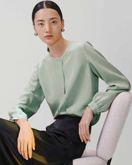 Round Neck Pleated Silk Blouse