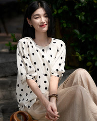 Round Neck Polka Dot Silk Blouse
