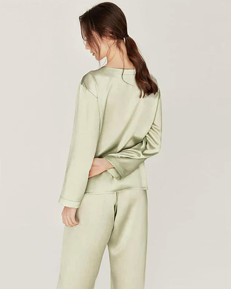 Silk Round Neck Pullover Pajamas Set Avocado Green