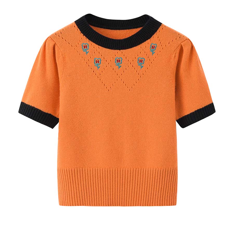 Round Neck Short-Sleeved Cashmere Sweater Orange