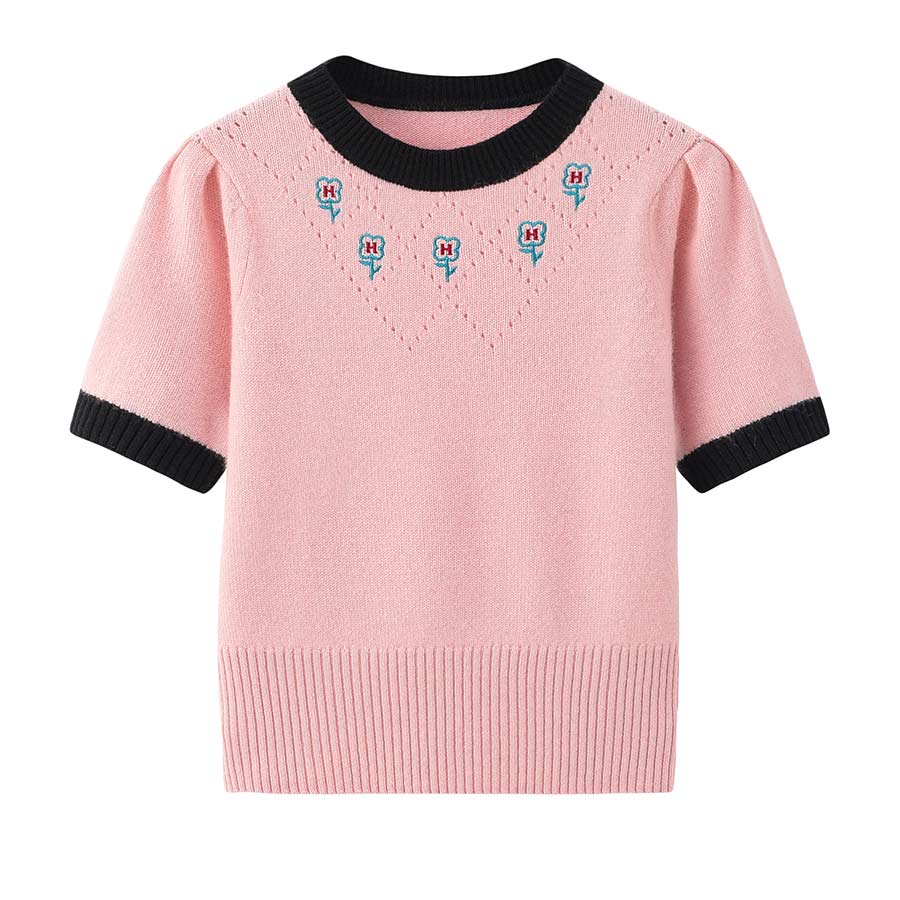 Round Neck Short-Sleeved Cashmere Sweater Pink
