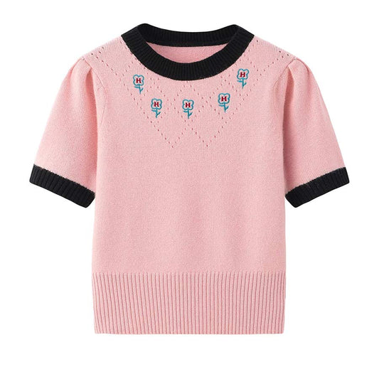 Round Neck Short-Sleeved Cashmere Sweater Pink
