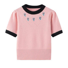 Round Neck Short-Sleeved Cashmere Sweater Pink
