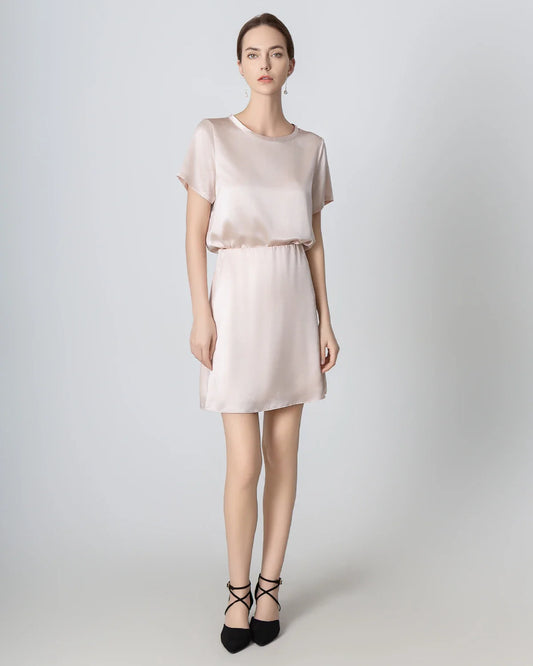 Round Neck Short Silk Shirt and Silk Mini Skirt Set Pink
