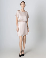 Round Neck Short Silk Shirt and Silk Mini Skirt Set Pink