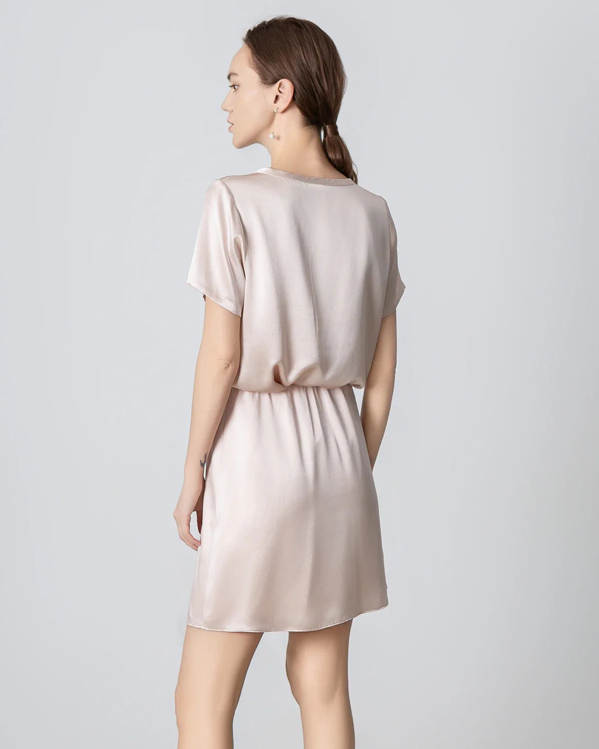 Round Neck Short Silk Shirt and Silk Mini Skirt Set Pink