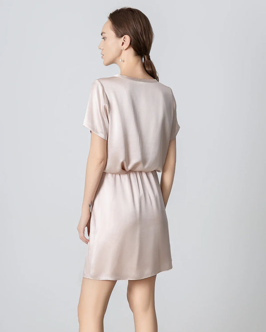 Round Neck Short Silk Shirt and Silk Mini Skirt Set Pink