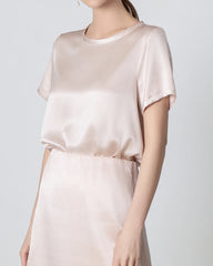 Round Neck Short Silk Shirt and Silk Mini Skirt Set Pink
