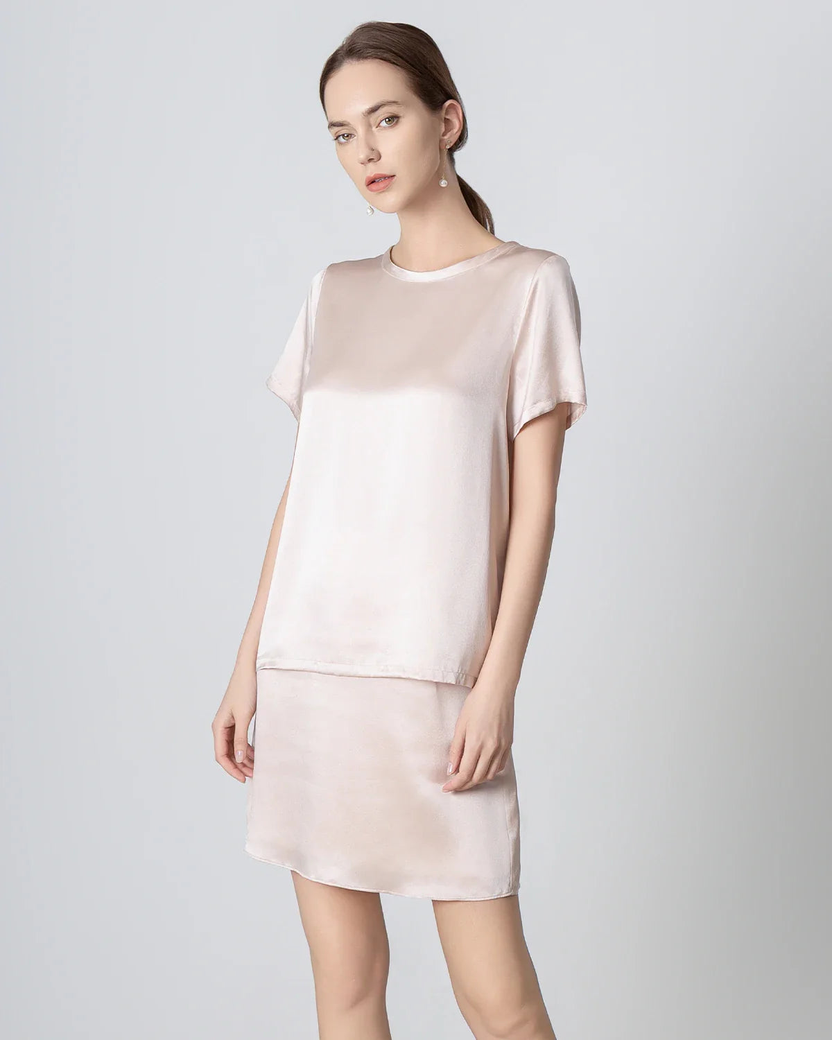 Round Neck Short Silk Shirt and Silk Mini Skirt Set Pink