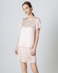 Round Neck Short Silk Shirt and Silk Mini Skirt Set Pink