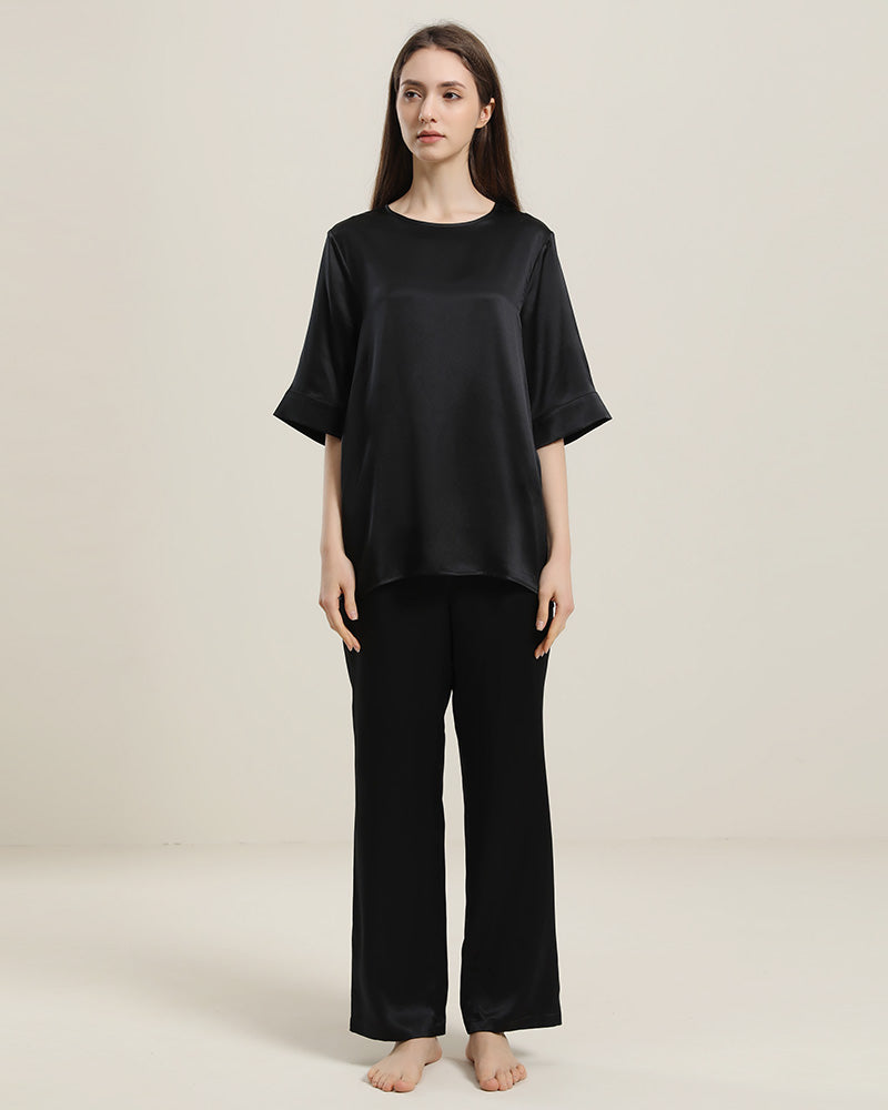Round Neck Short-sleeve Silk Pajama Set Black