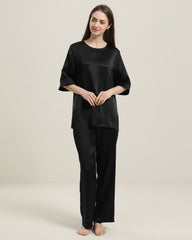 Round Neck Short-sleeve Silk Pajama Set Black