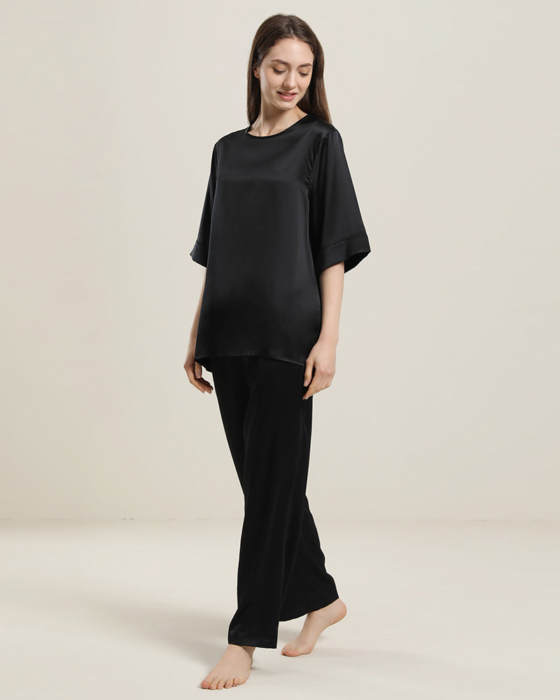 Round Neck Short-sleeve Silk Pajama Set Black