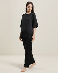 Round Neck Short-sleeve Silk Pajama Set Black