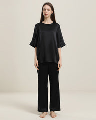 Round Neck Short-sleeve Silk Pajama Set Black