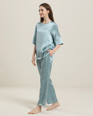 Round Neck Short-sleeve Silk Pajama Set Haze Blue