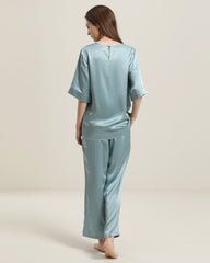 Round Neck Short-sleeve Silk Pajama Set Haze Blue