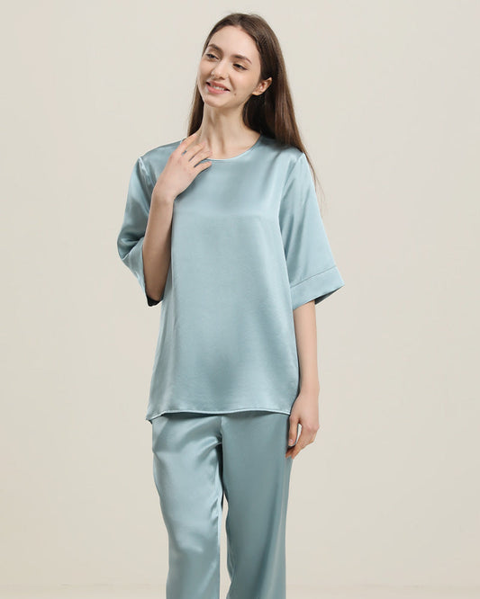 Round Neck Short-sleeve Silk Pajama Set Haze Blue