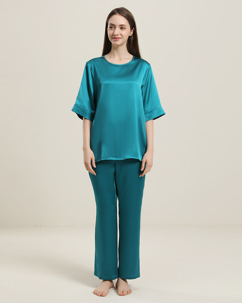 Round Neck Short-sleeve Silk Pajama Set Peacock Blue