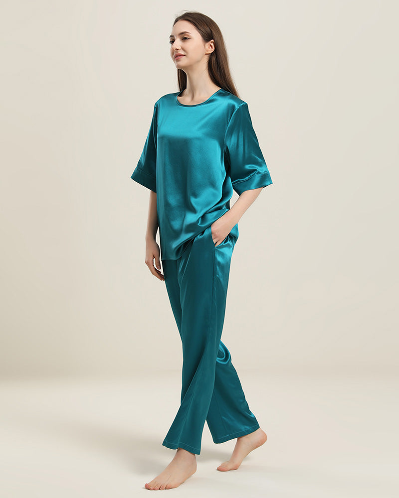 Round Neck Short-sleeve Silk Pajama Set Peacock Blue