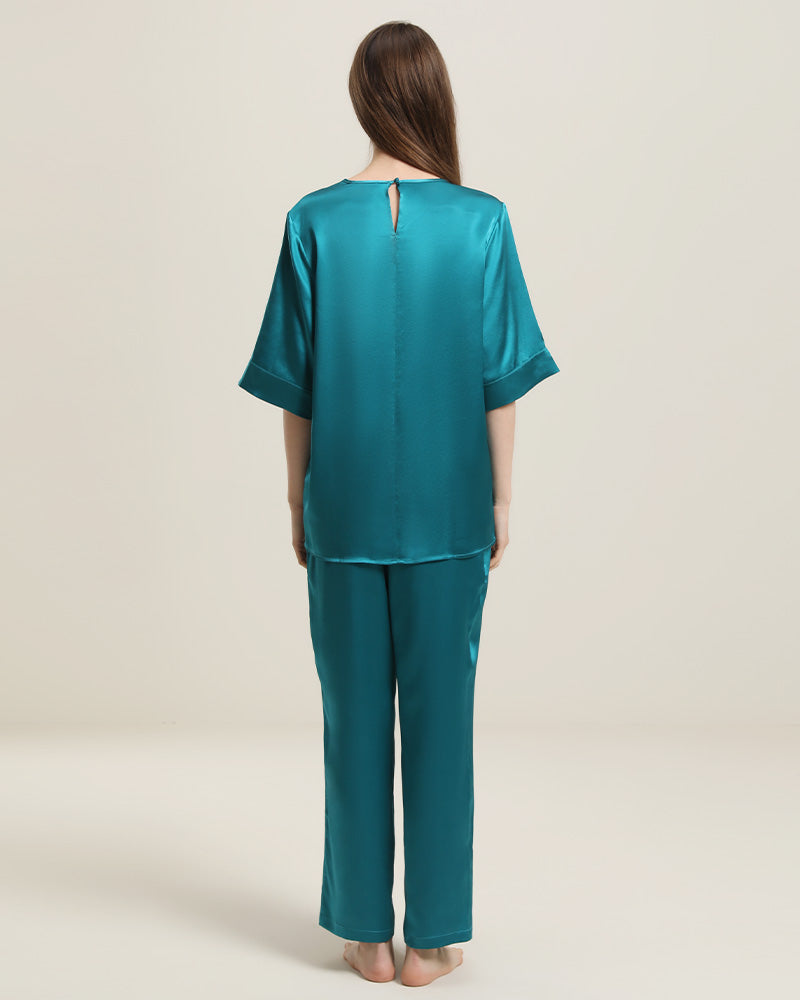 Round Neck Short-sleeve Silk Pajama Set Peacock Blue