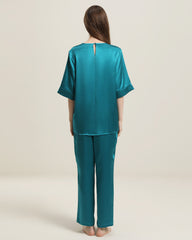 Round Neck Short-sleeve Silk Pajama Set Peacock Blue