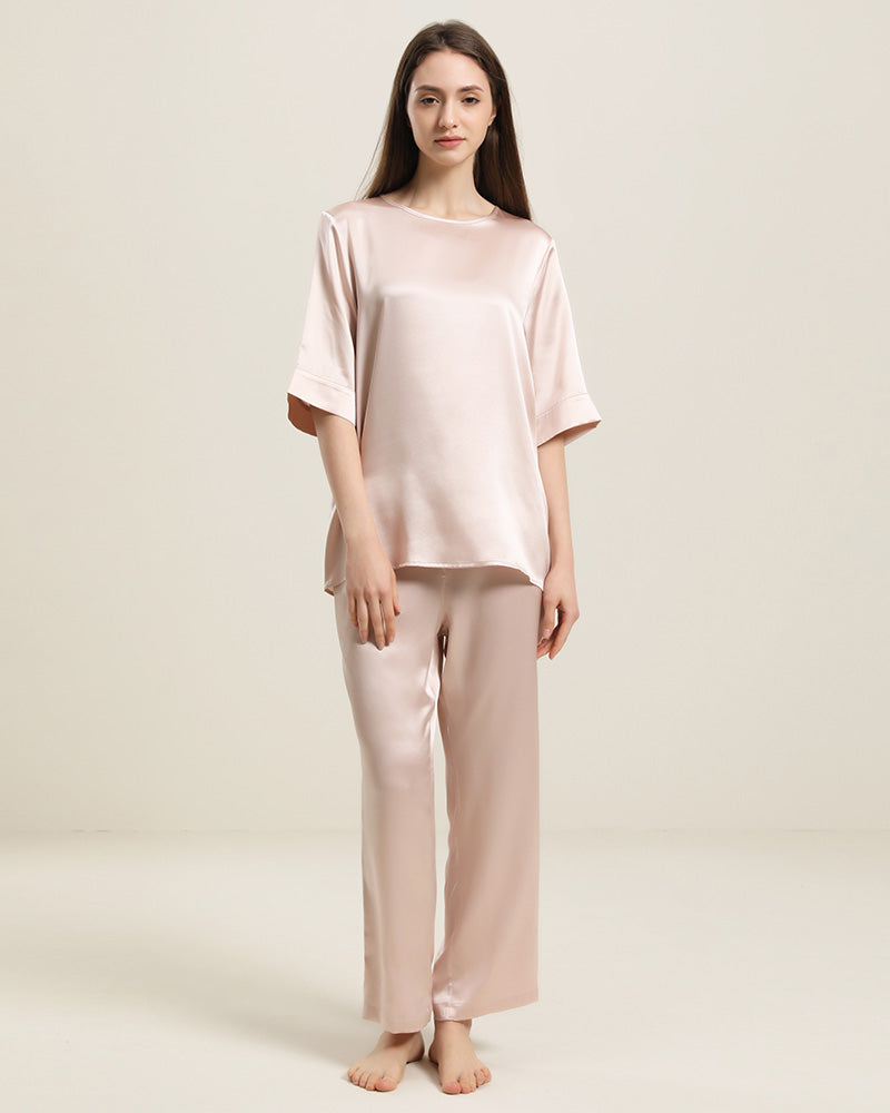 Round Neck Short-sleeve Silk Pajama Set Pink