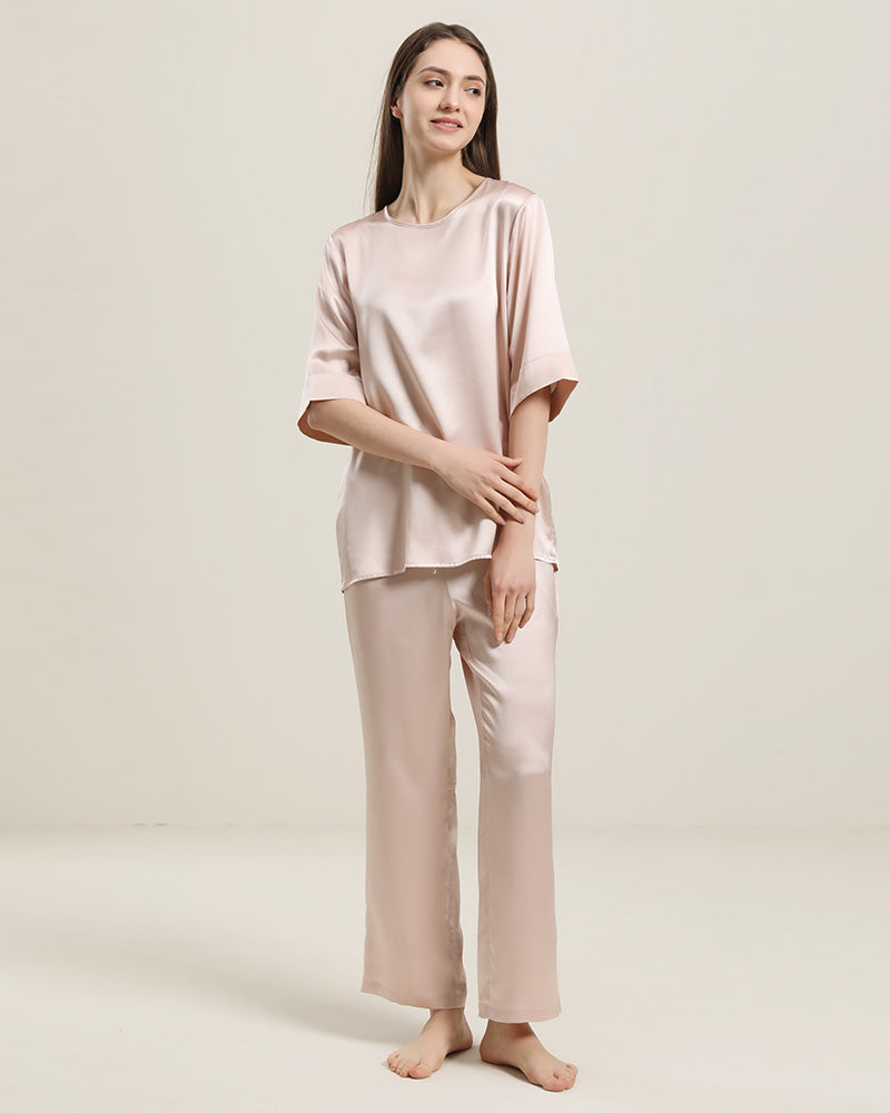 Round Neck Short-sleeve Silk Pajama Set Pink