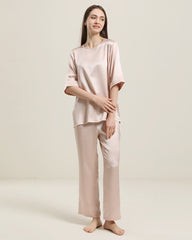 Round Neck Short-sleeve Silk Pajama Set Pink