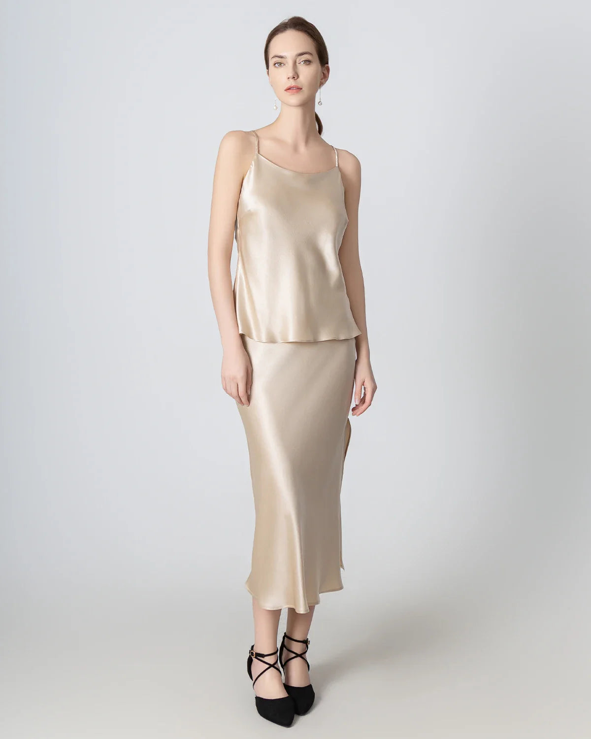 Round Neck Silk Camisole and Silk Midi Skirt Set Champagne