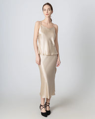Round Neck Silk Camisole and Silk Midi Skirt Set Champagne