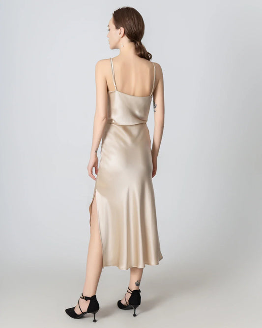 Round Neck Silk Camisole and Silk Midi Skirt Set Champagne