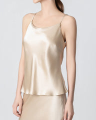 Round Neck Silk Camisole and Silk Midi Skirt Set Champagne