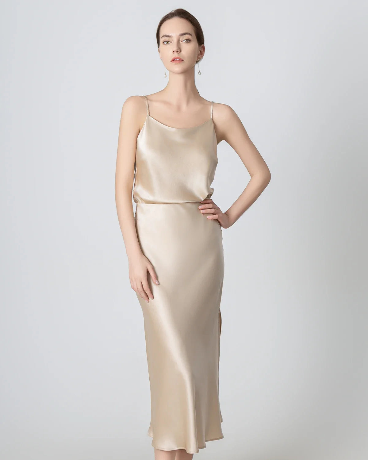 Round Neck Silk Camisole and Silk Midi Skirt Set Champagne