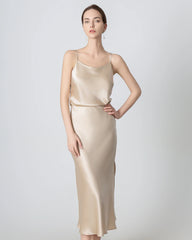 Round Neck Silk Camisole and Silk Midi Skirt Set Champagne