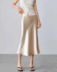 Round Neck Silk Camisole and Silk Midi Skirt Set Champagne