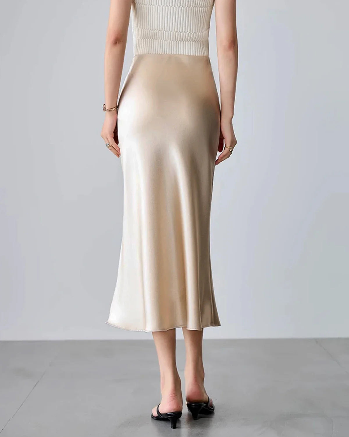 Round Neck Silk Camisole and Silk Midi Skirt Set Champagne