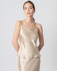 Round Neck Silk Camisole and Silk Midi Skirt Set Champagne