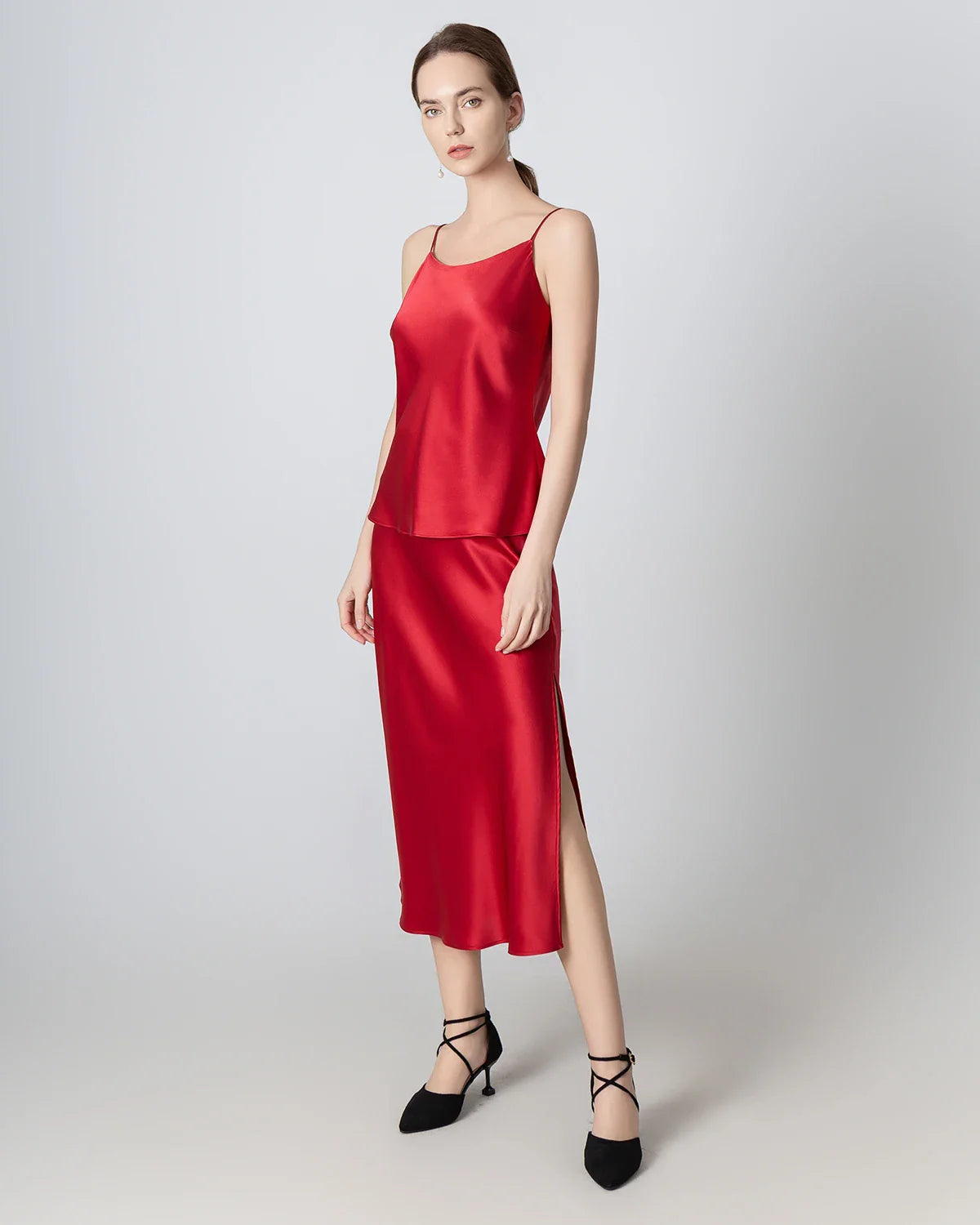 Round Neck Silk Camisole and Silk Midi Skirt Set Burgundy