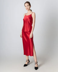 Round Neck Silk Camisole and Silk Midi Skirt Set Burgundy