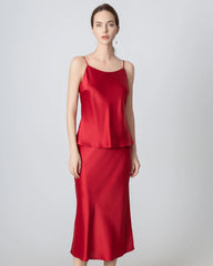 Round Neck Silk Camisole and Silk Midi Skirt Set Burgundy