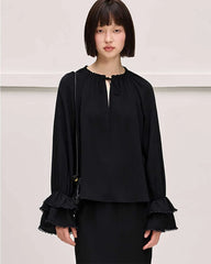Ruffled Sleeve Tie Front Silk Blouse