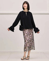 Ruffled Sleeve Tie Front Silk Blouse