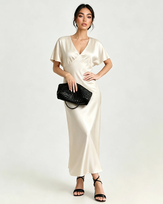 Satin Triacetate Batwing Sleeve Maxi Slip Dress