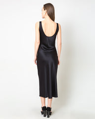 Scoop Neck Midi Silk Slip Dress Black